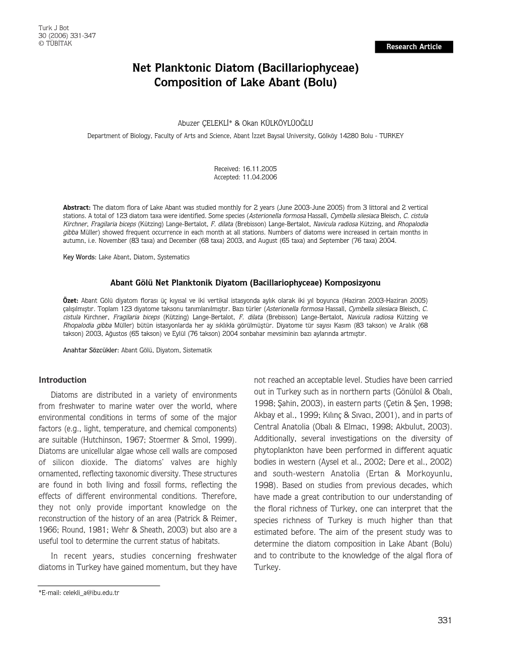 Net Planktonic Diatom (Bacillariophyceae) Composition of Lake Abant (Bolu)