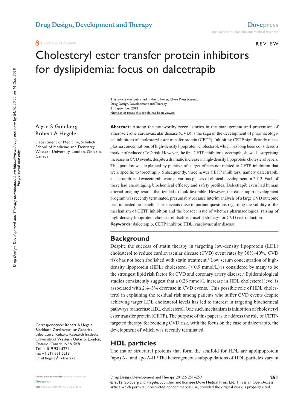 Cholesteryl Ester Transfer Protein Inhibitors for Dyslipidemia: Focus on Dalcetrapib