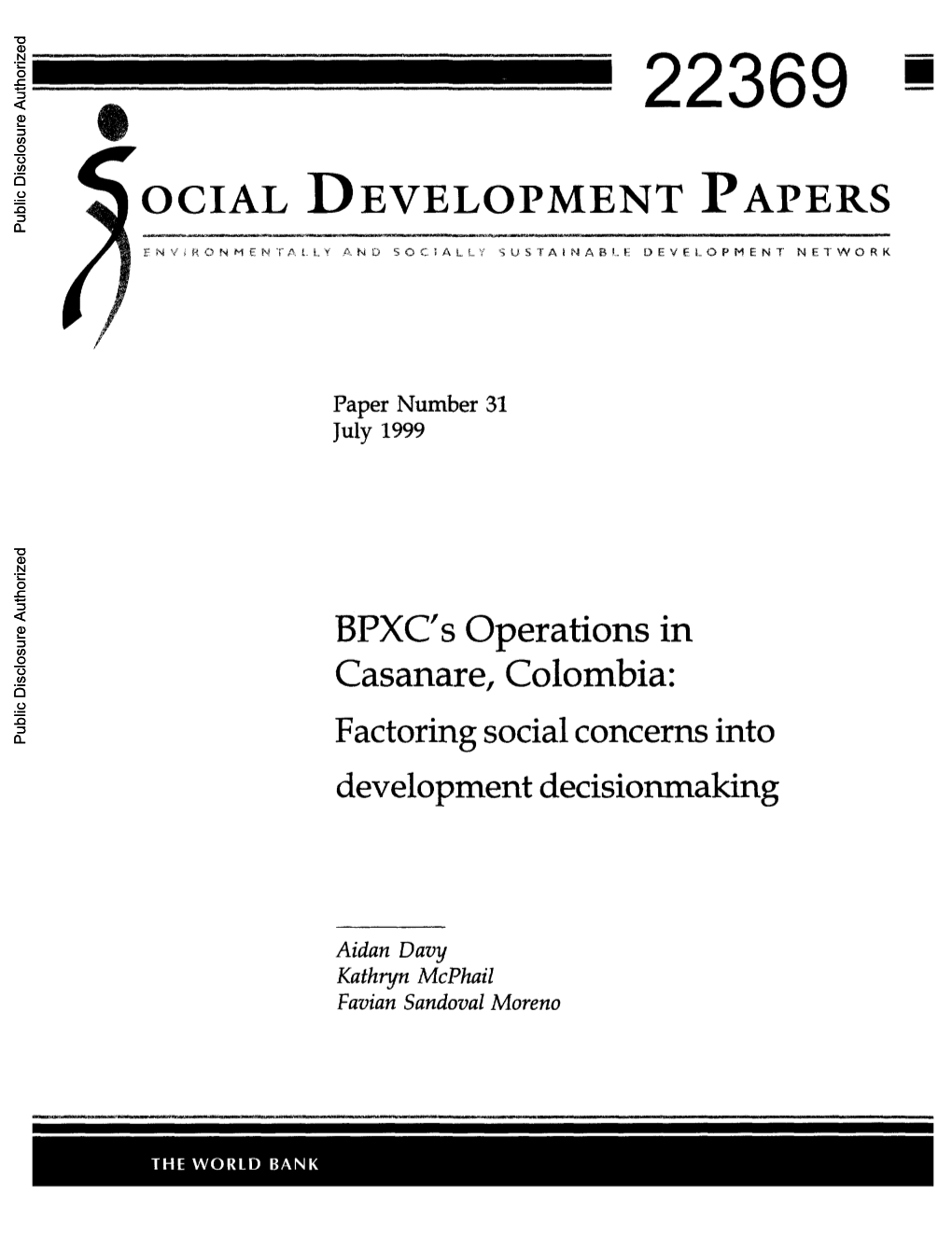 OCIAL DEVELOPMENT PAPERS Public Disclosure Authorized