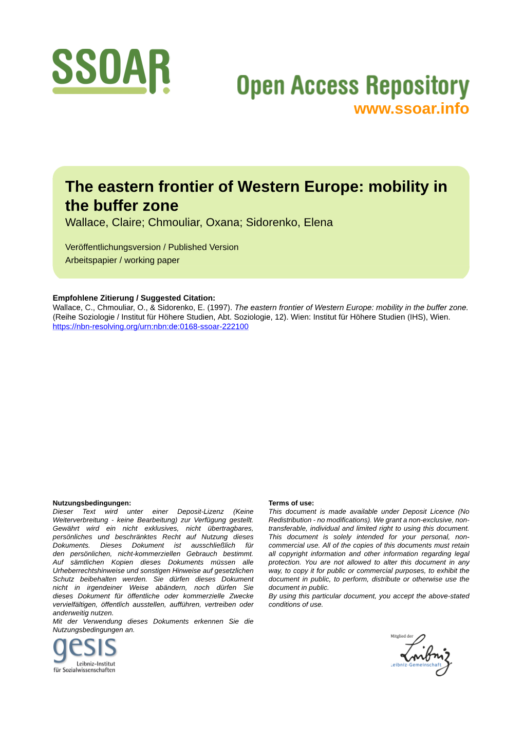 The Eastern Frontier of Western Europe: Mobility in the Buffer Zone Wallace, Claire; Chmouliar, Oxana; Sidorenko, Elena