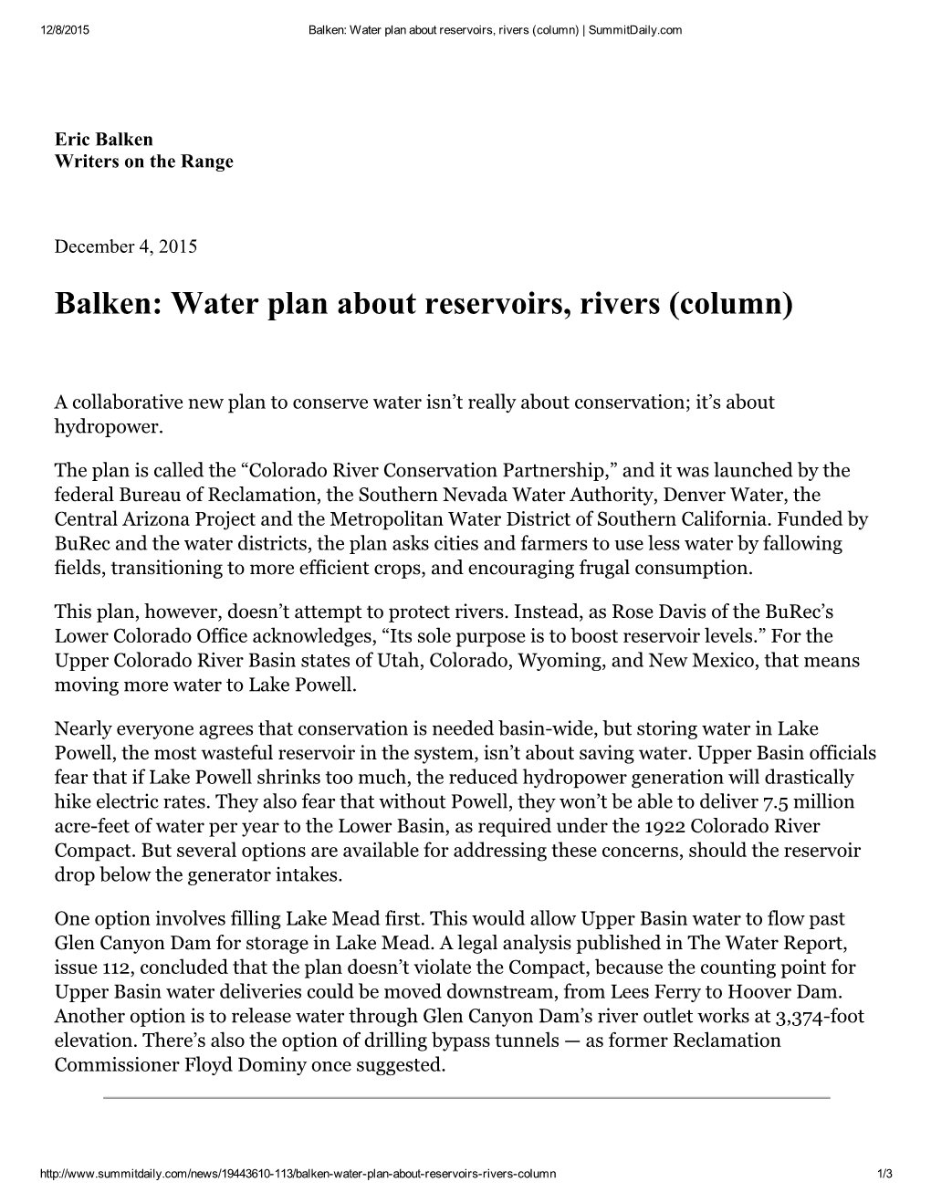 Balken: Water Plan About Reservoirs, Rivers (Column) | Summitdaily.Com