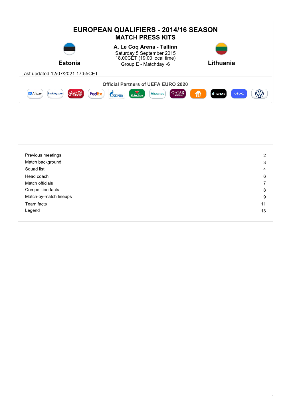 European Qualifiers - 2014/16 Season Match Press Kits A