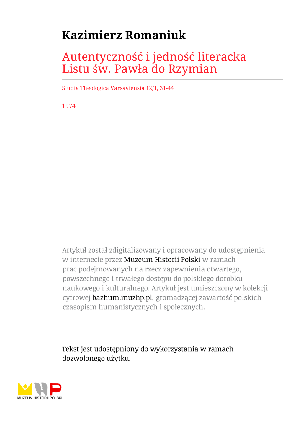 Kazimierz Romaniuk Autentyczność I Jedność Literacka Listu Św. Pawła Do Rzymian