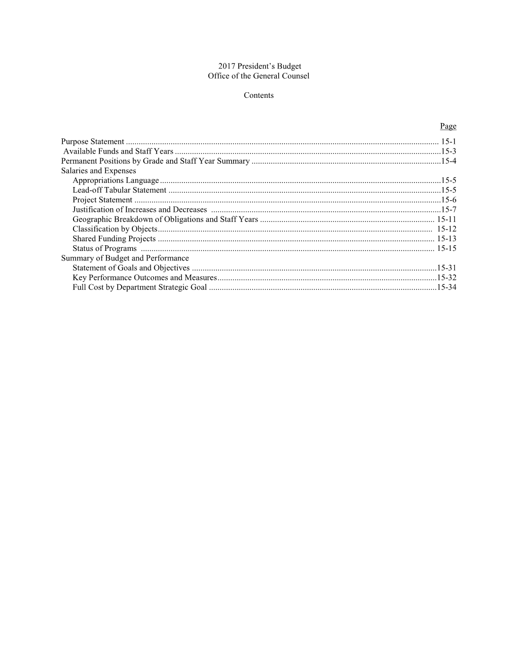 2017 President's Budget Office of the General Counsel Contents