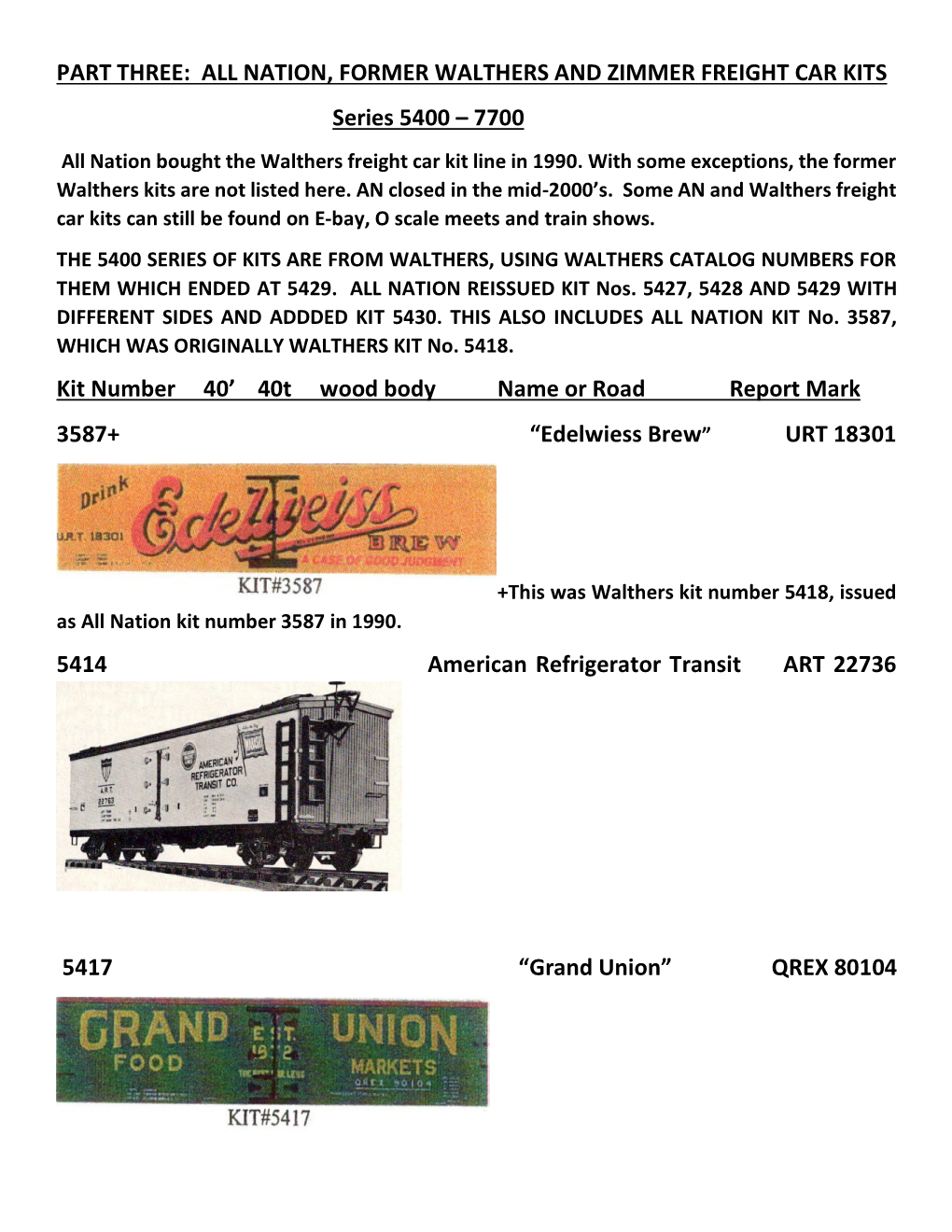 PART THREE: ALL NATION, FORMER WALTHERS and ZIMMER FREIGHT CAR KITS Series 5400 – 7700 All Nation Bought the Walthers Freight Car Kit Line in 1990