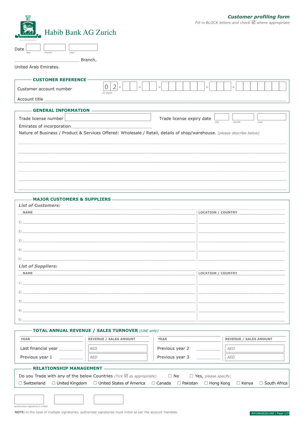 Customer Profiling Form Fill in BLOCK Letters and Check Þ Where Appropriate Habib Bank AG Zurich
