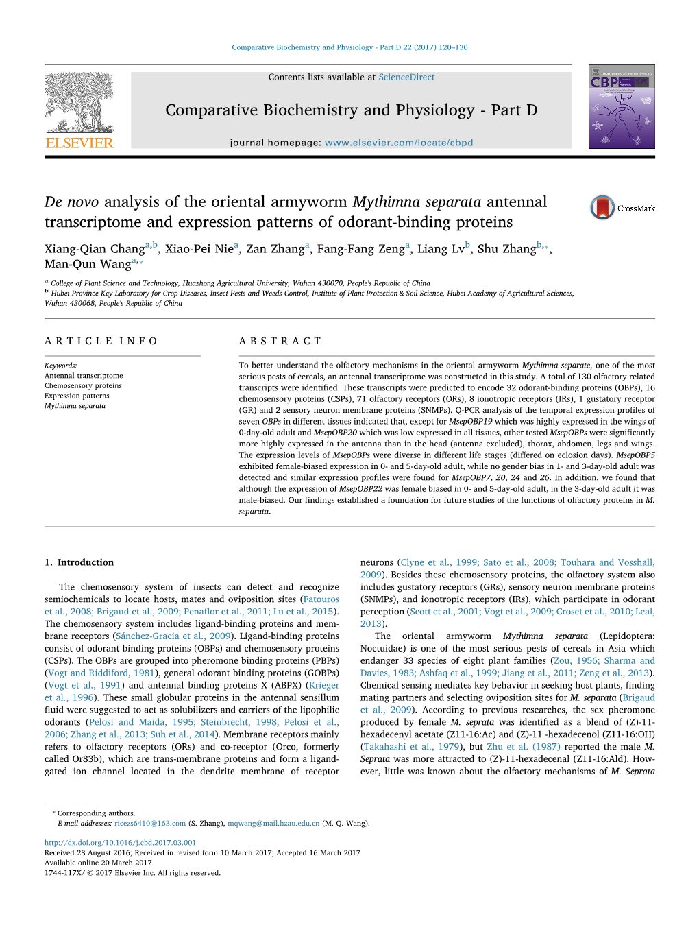 De Novo Analysis of the Oriental Armyworm Mythimna Separata Antennal Transcriptome and Expression Patterns of Odorant-Binding Proteins MARK