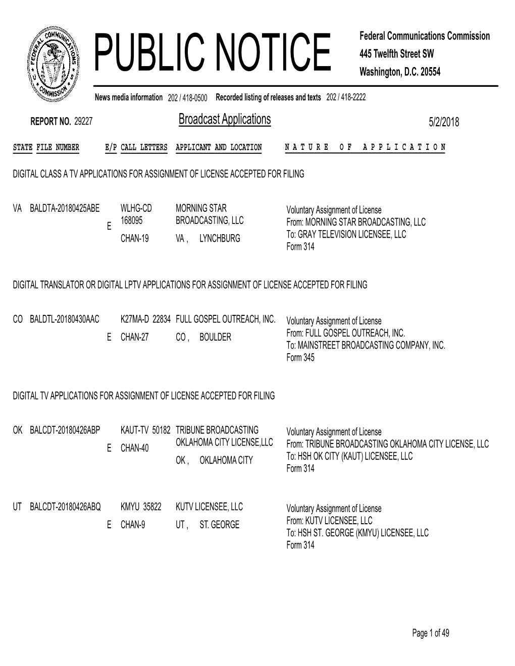 Broadcast Applications 5/2/2018