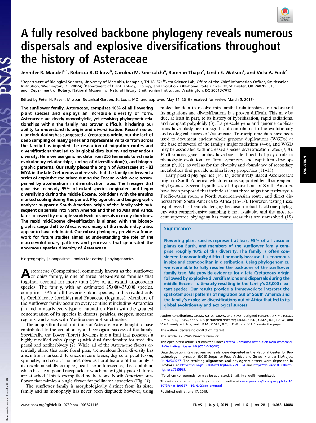 A Fully Resolved Backbone Phylogeny Reveals Numerous Dispersals and Explosive Diversifications Throughout the History of Asteraceae