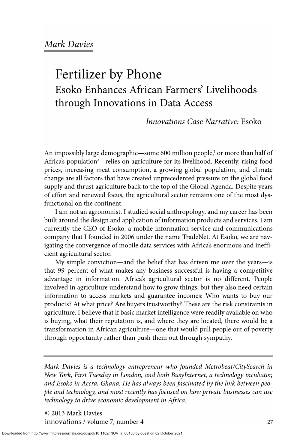 Fertilizer by Phone Esoko Enhances African Farmers’ Livelihoods Through Innovations in Data Access
