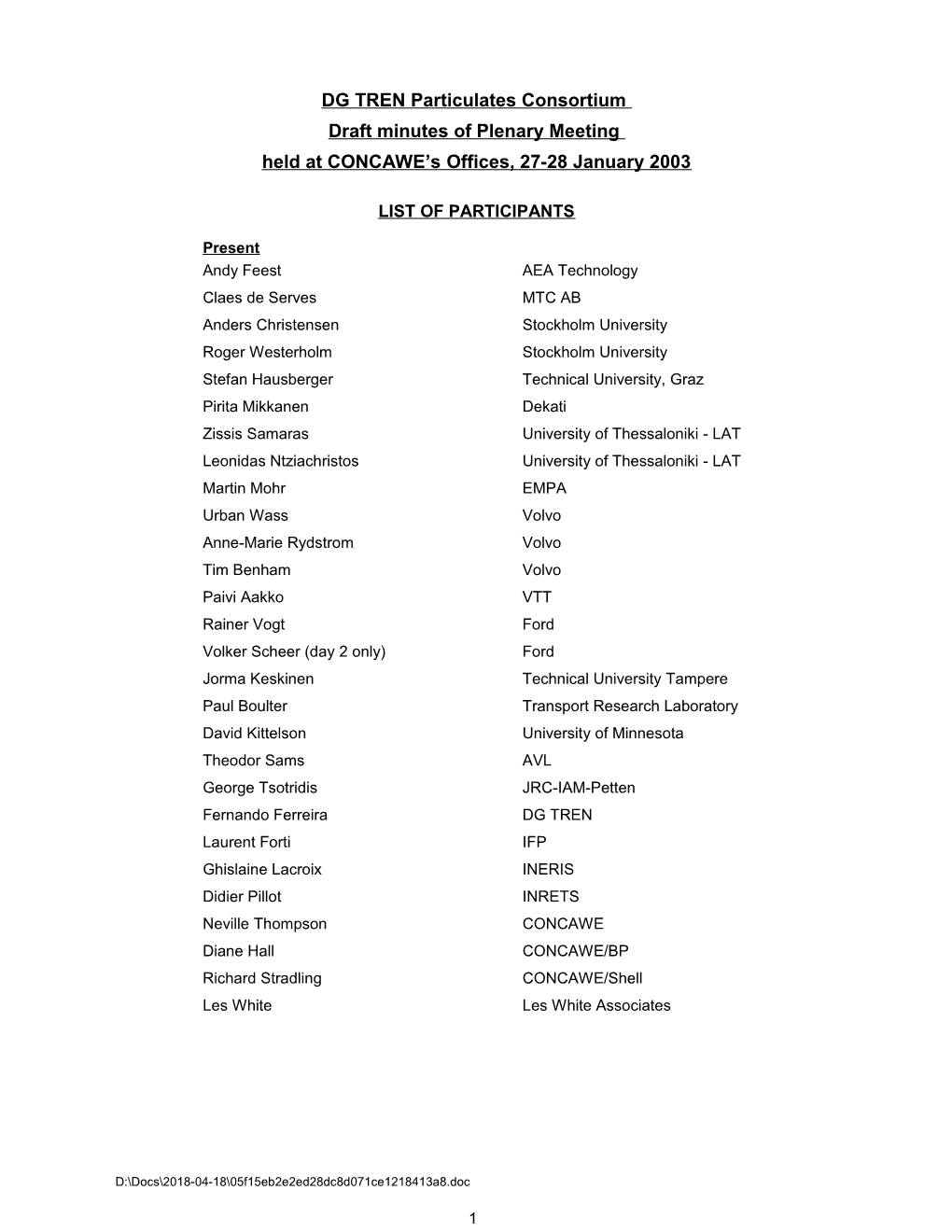 DG TREN Particulates Consortium