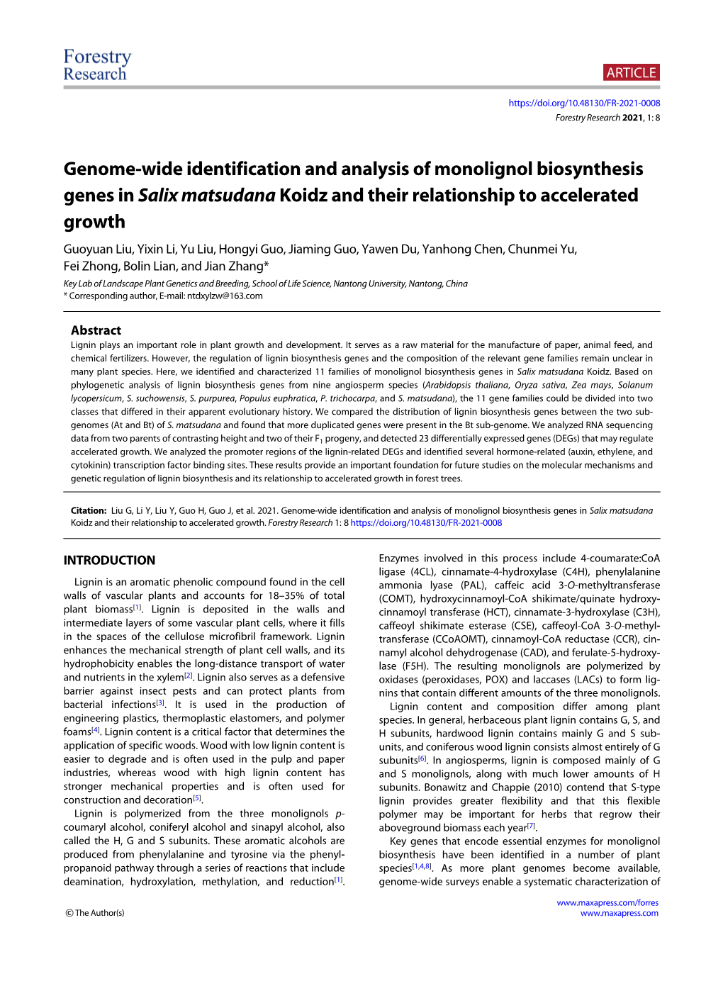 Genome-Wide Identification and Analysis of Monolignol Biosynthesis