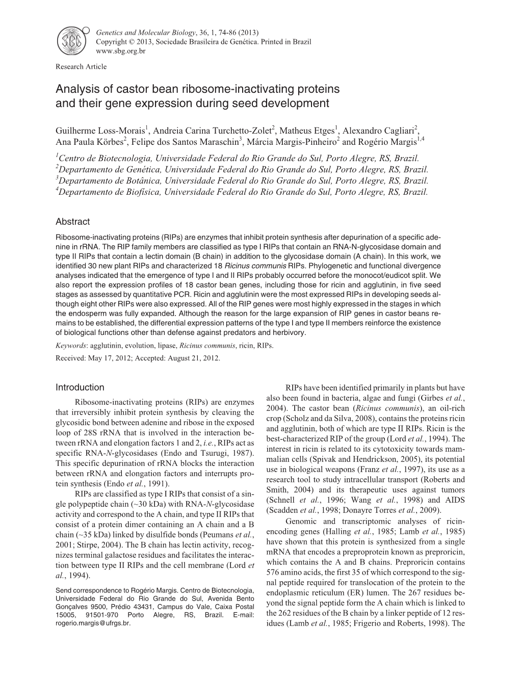 Analysis of Castor Bean Ribosome-Inactivating Proteins and Their Gene Expression During Seed Development