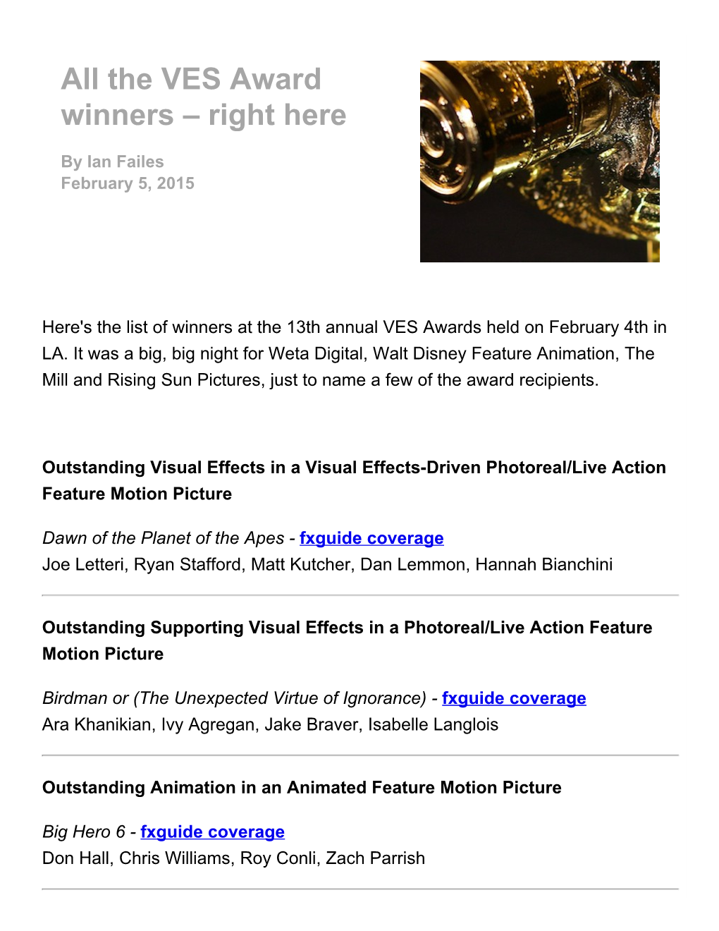 All the VES Award Winnersа–Аright Here