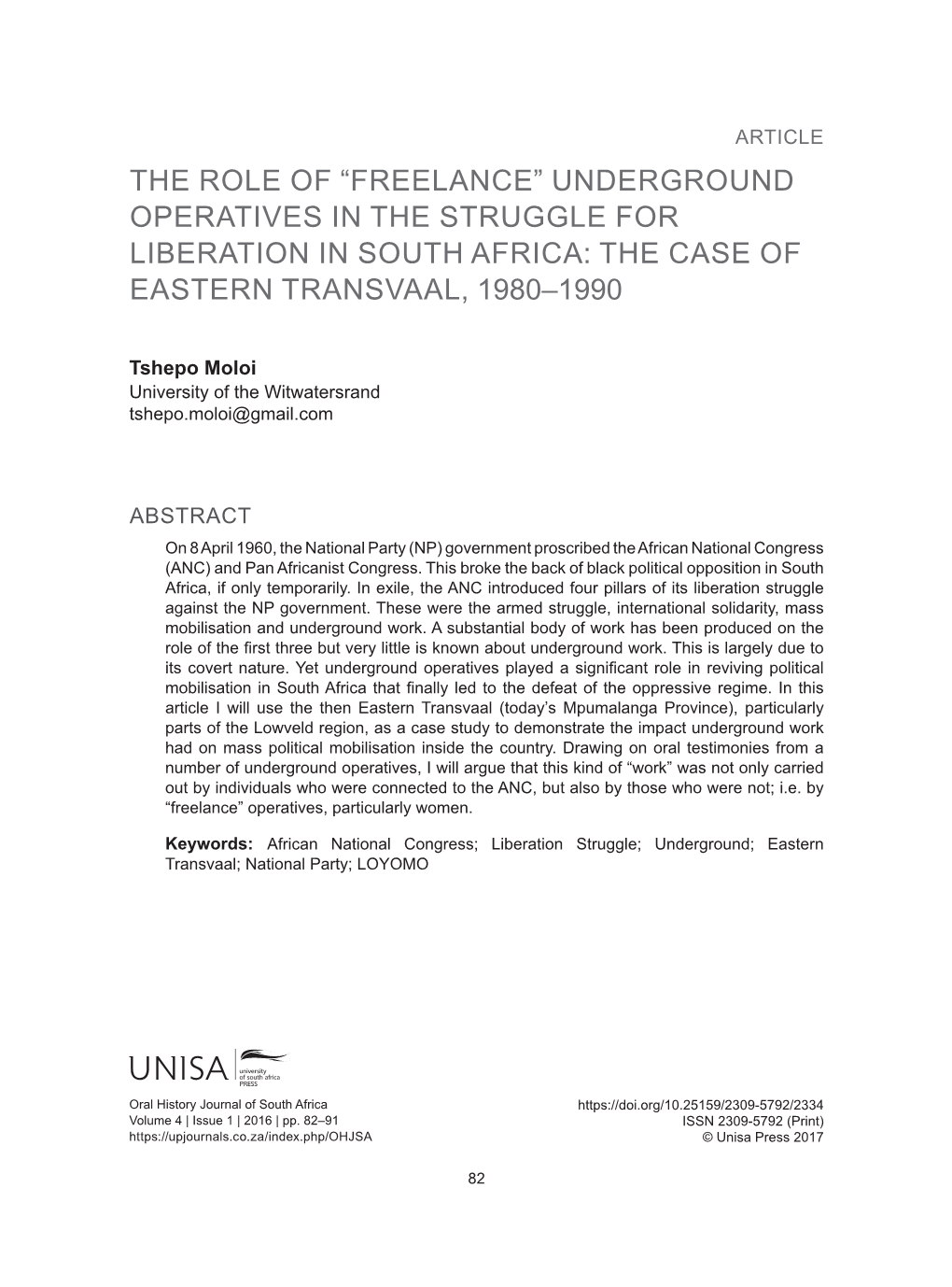 Underground Operatives in the Struggle for Liberation in South Africa: the Case of Eastern Transvaal, 1980–1990