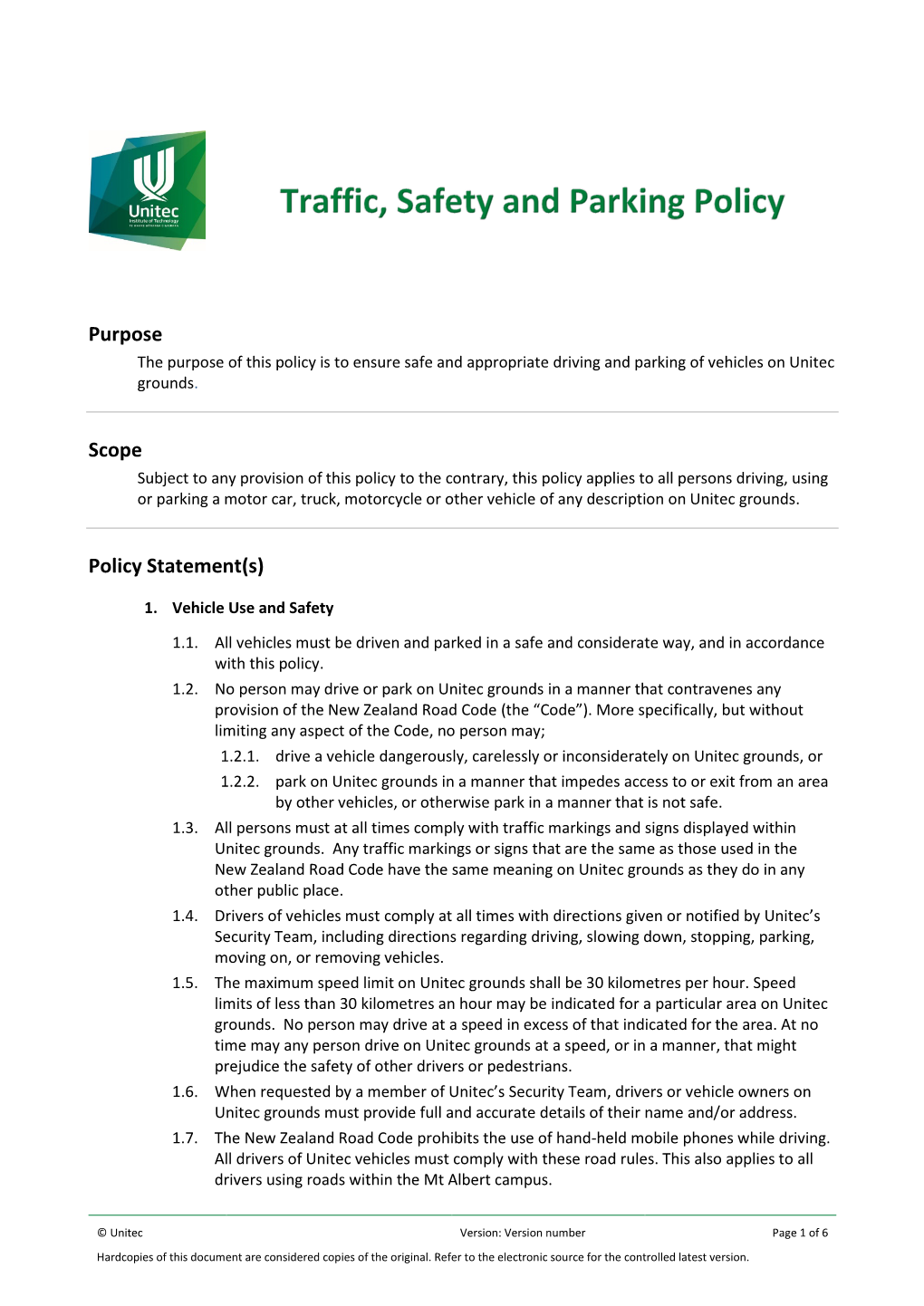 Traffic, Safety and Parking Policy | Unitec