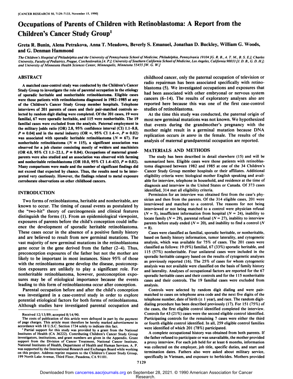 Occupations of Parents of Children with Retinoblastoma: a Report from the Children's Cancer Study Group1