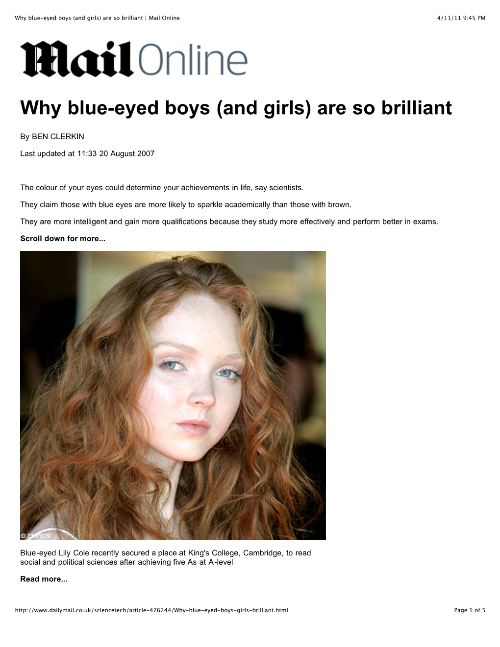 Clerkin, Ben. "Why Blue-Eyed Boys (And Girls) Are So Brilliant." Daily Mail, Aug. 20, 2007