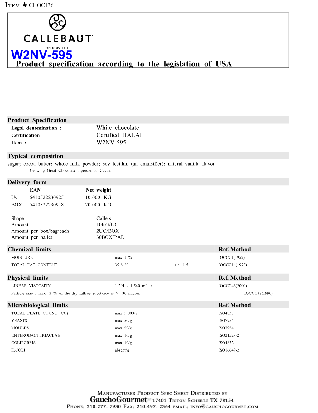 W2NV-595 Product Specification According to the Legislation of USA