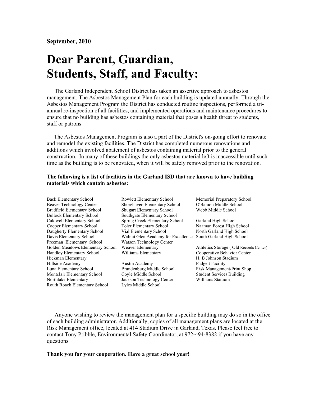 Dear Parent, Guardian, Students, Staff, and Faculty