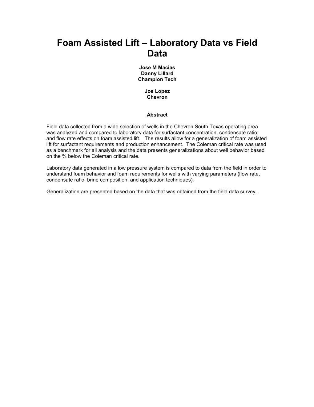 Foam Assisted Lift Laboratory Data Vs Field Data