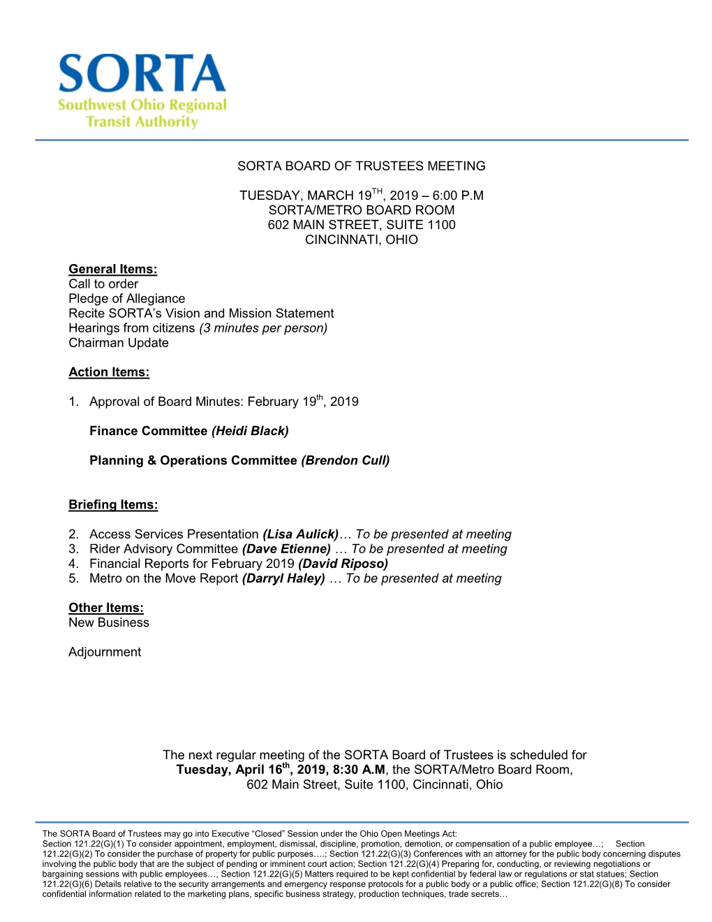 Sorta Board of Trustees Meeting Tuesday, March 19Th, 2019