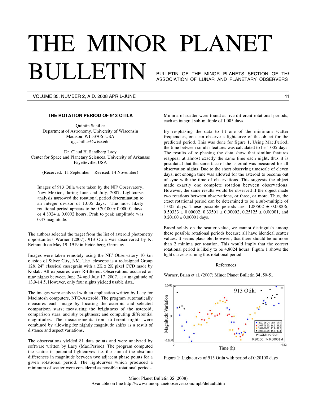 The Minor Planet Bulletin 32-2, 34-35