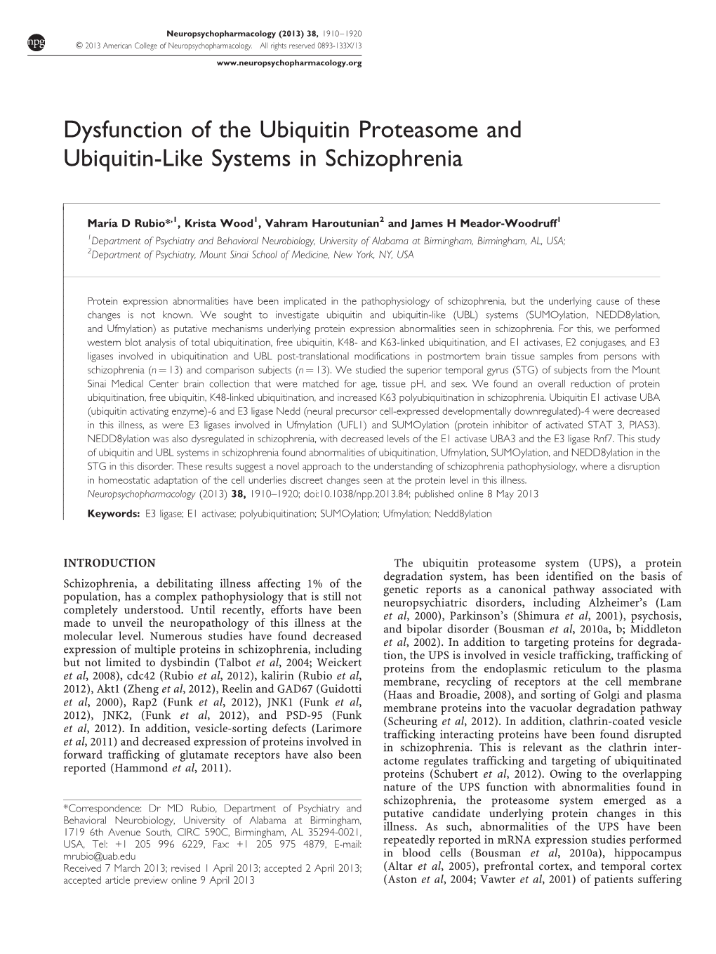 Dysfunction of the Ubiquitin Proteasome and Ubiquitin-Like Systems in Schizophrenia