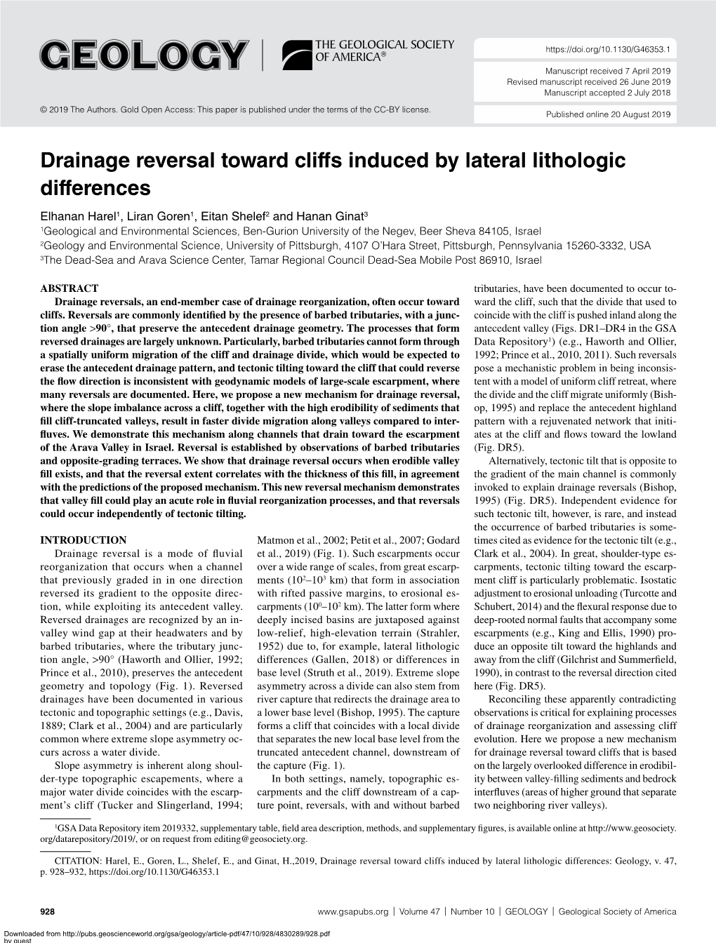 Drainage Reversal Toward Cliffs Induced by Lateral Lithologic