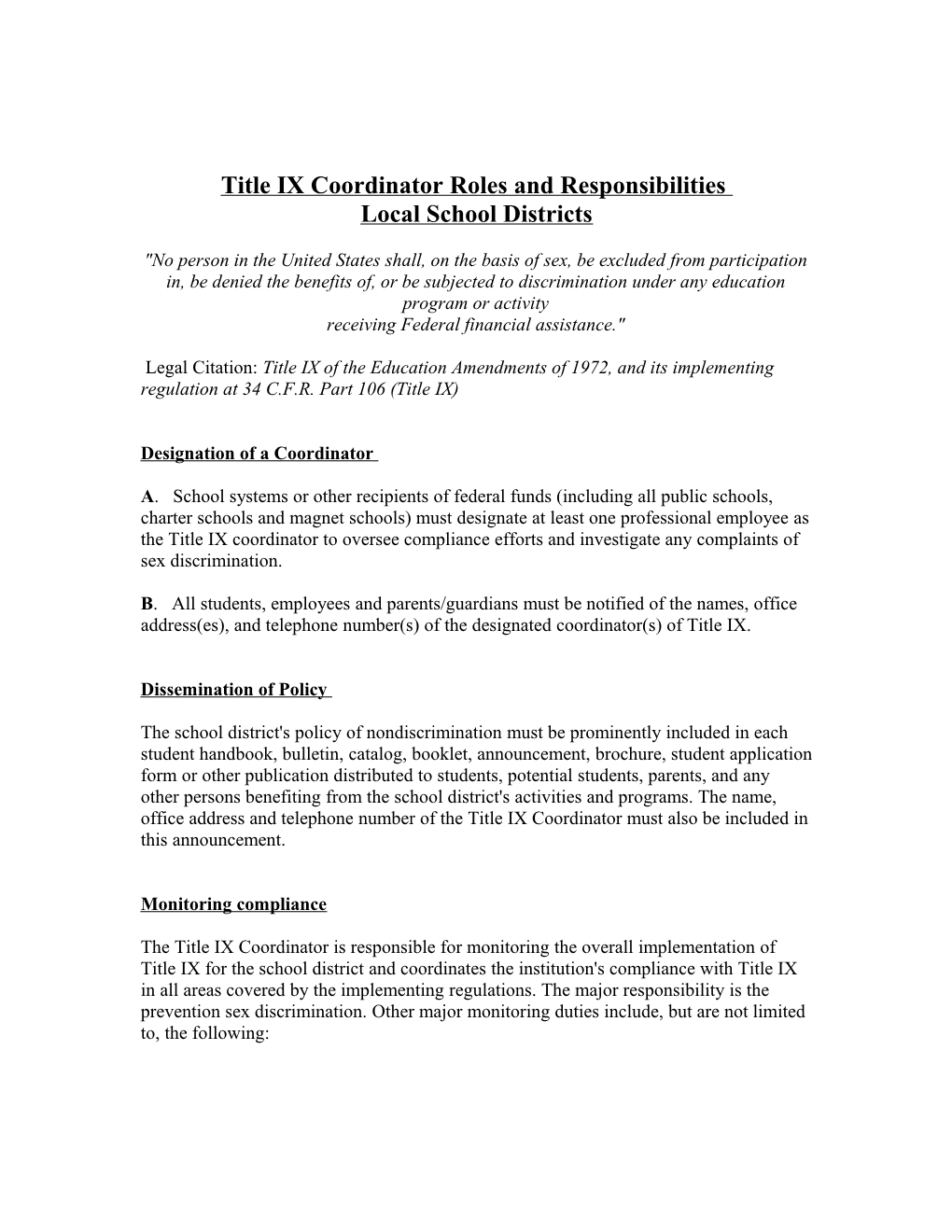 Title IX Coordinator Roles and Responsibilities