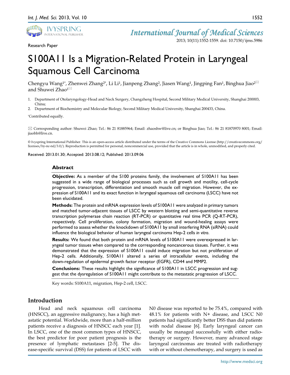 S100A11 Is a Migration-Related Protein in Laryngeal Squamous Cell Carcinoma