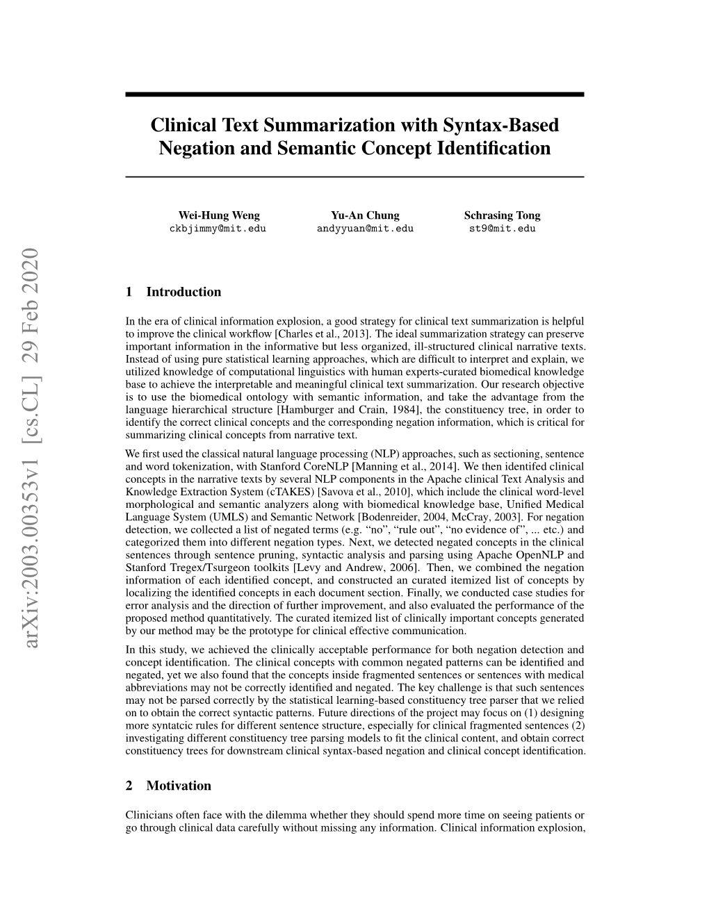Clinical Text Summarization with Syntax-Based Negation and Semantic Concept Identification
