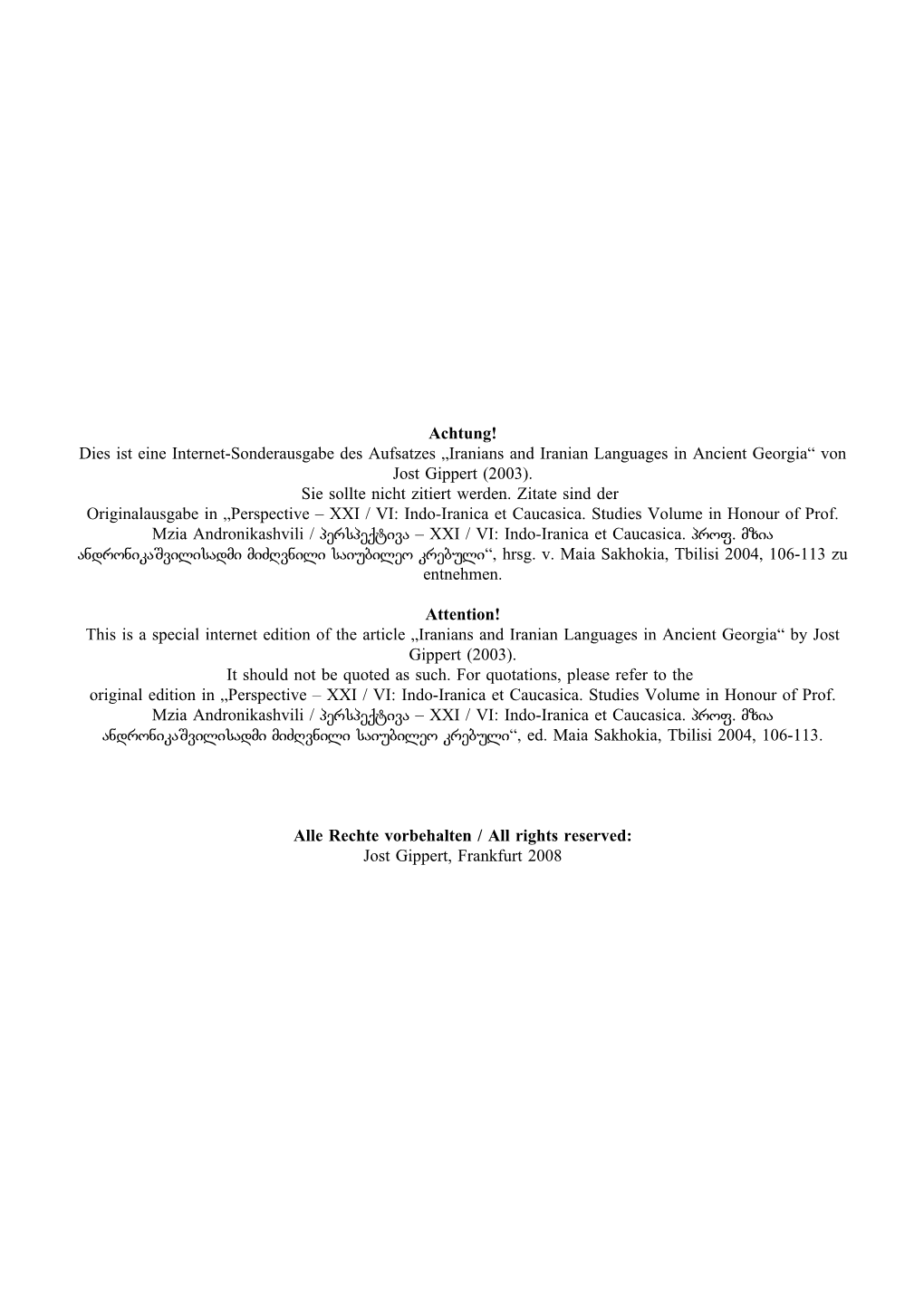 Achtung! Dies Ist Eine Internet-Sonderausgabe Des Aufsatzes „Iranians and Iranian Languages in Ancient Georgia“ Von Jost Gippert (2003)