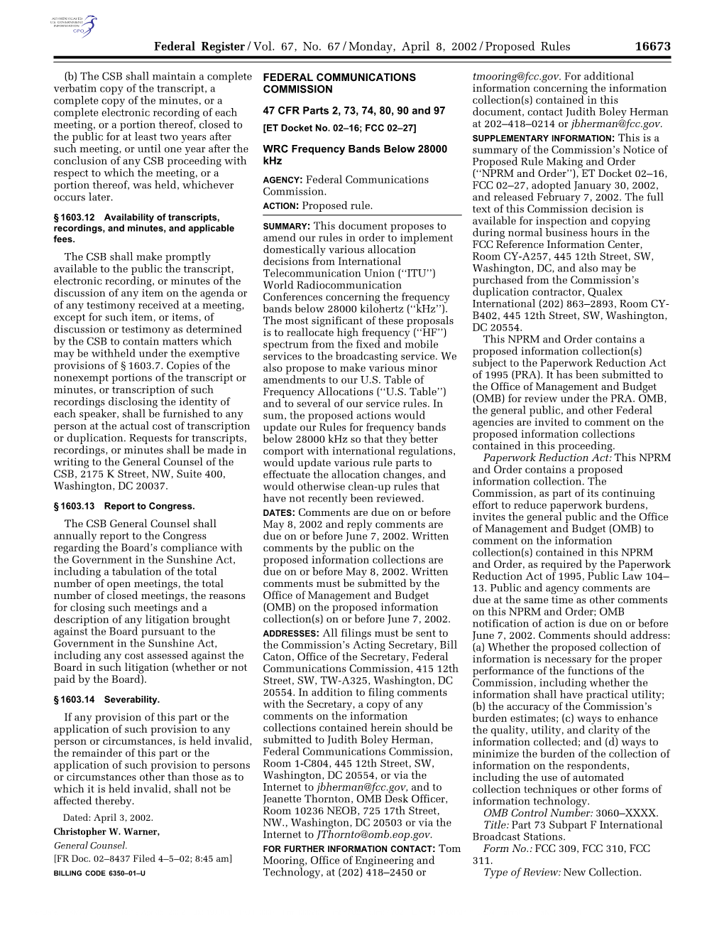 Federal Register/Vol. 67, No. 67/Monday, April 8, 2002/Proposed