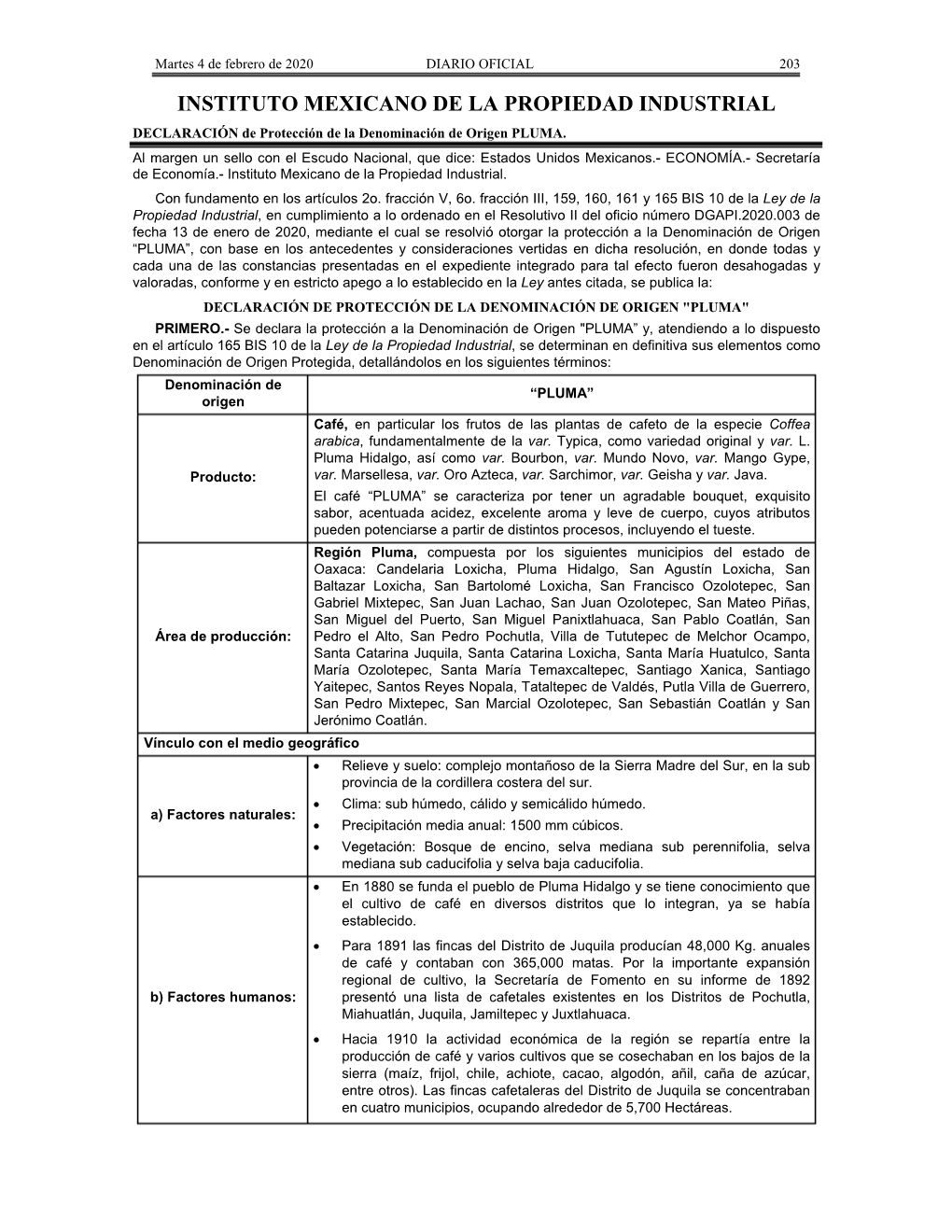 Declaración De Protección De La Denominación De Origen PLUMA