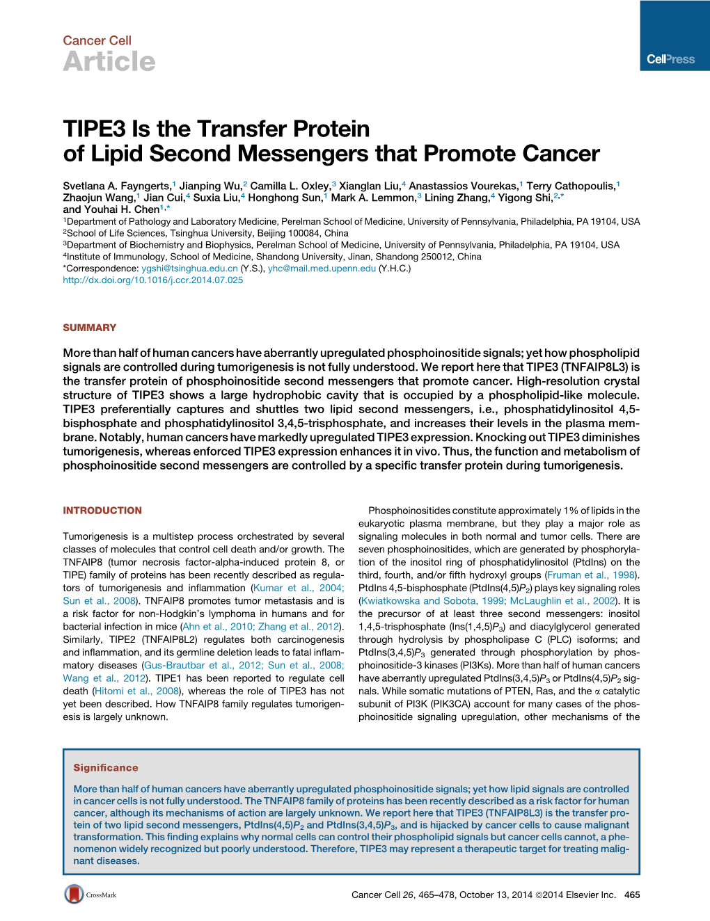 TIPE3 Is the Transfer Protein of Lipid Second Messengers That Promote Cancer