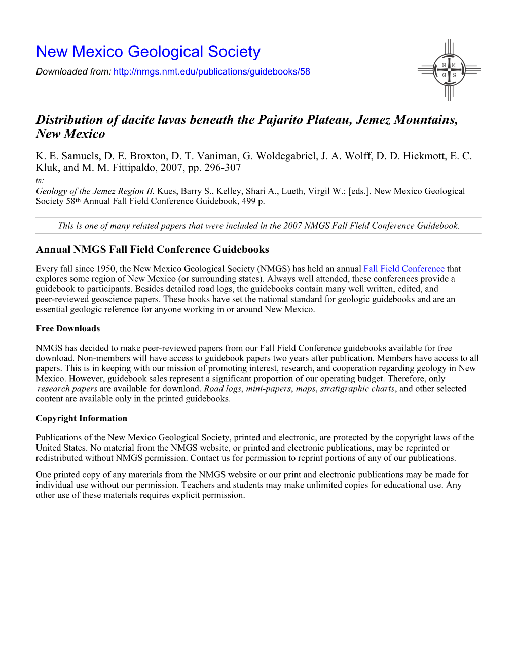 Distribution of Dacite Lavas Beneath the Pajarito Plateau, Jemez Mountains, New Mexico K