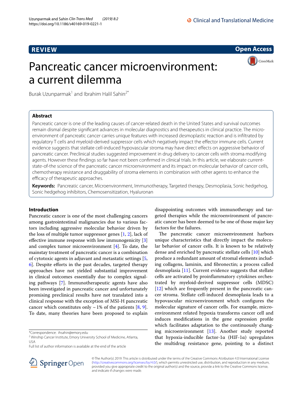 Pancreatic Cancer Microenvironment: a Current Dilemma Burak Uzunparmak1 and Ibrahim Halil Sahin2*