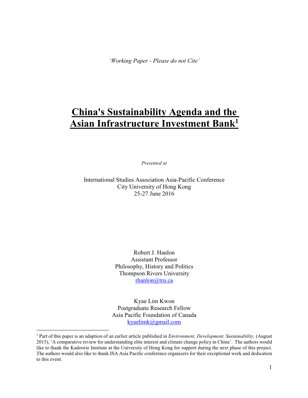 China's Sustainability Agenda and the Asian Infrastructure Investment Bank1