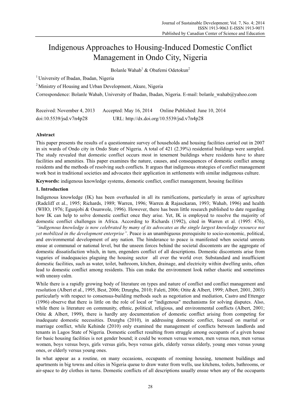 Indigenous Approaches to Housing-Induced Domestic Conflict Management in Ondo City, Nigeria