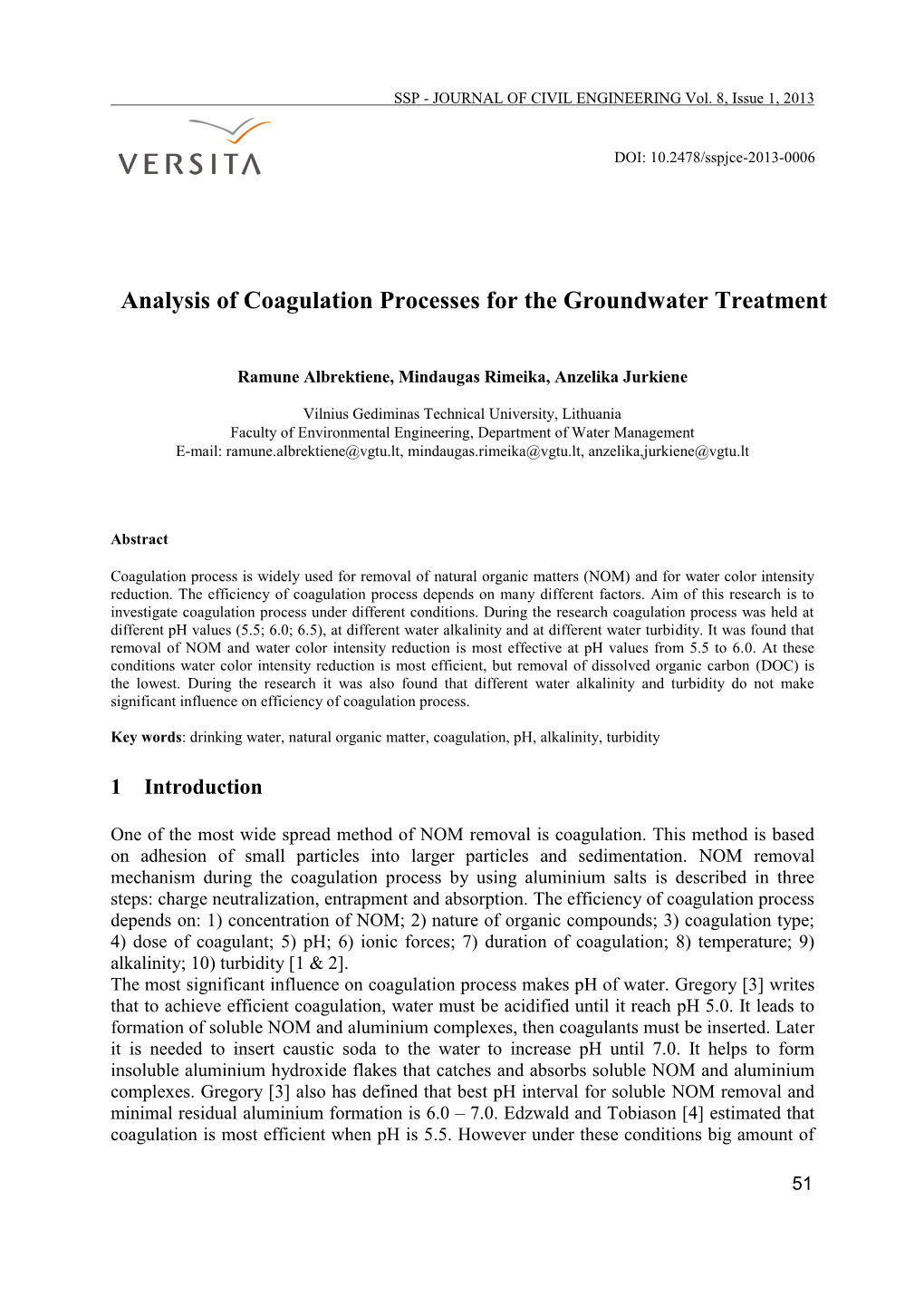 Analysis of Coagulation Processes for the Groundwater Treatment