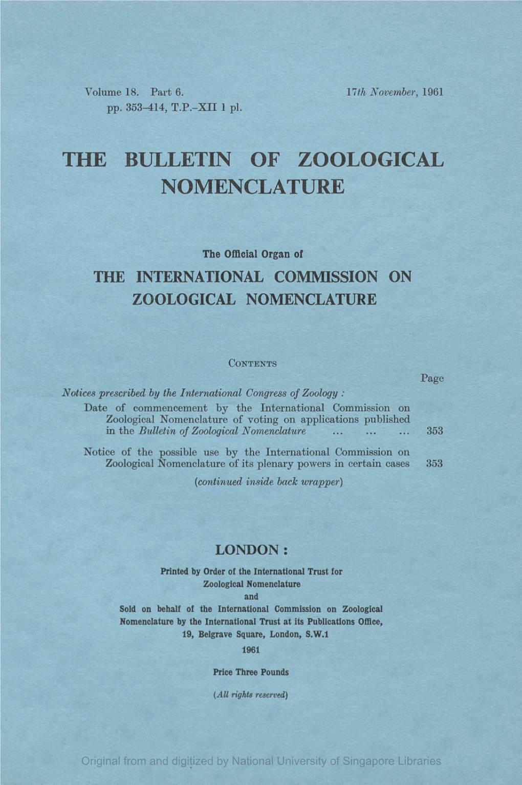 The Bulletin of Zoological Nomenclature, V18 Part06