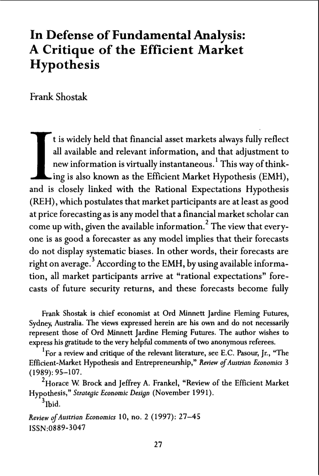 In Defense of Fundamental Analysis: a Critique of the Efficient Market Hypothesis