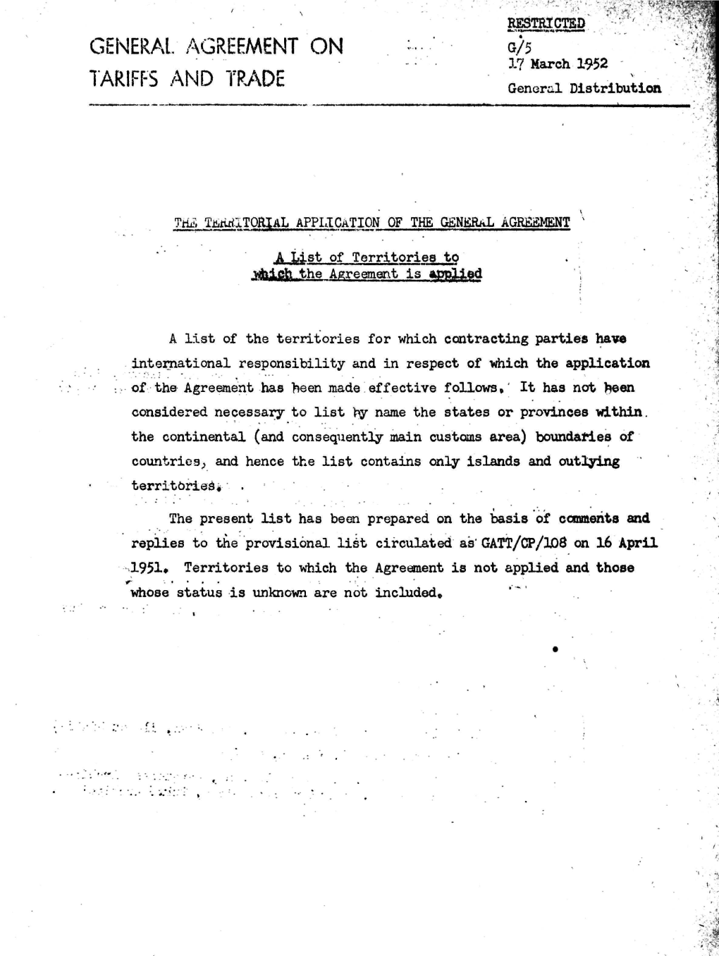 G/5 1? March 1952 TARIFFS and TRADE General Distribution