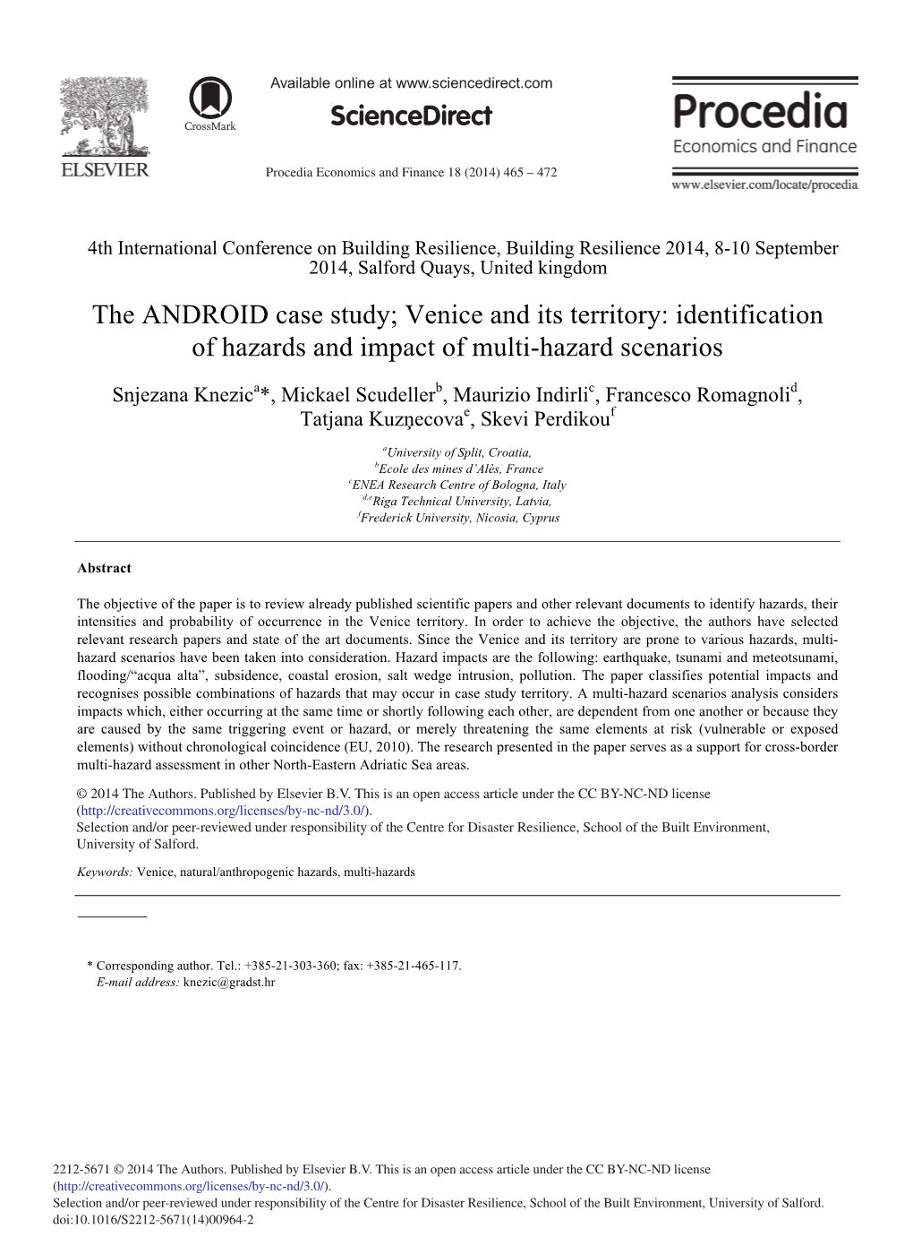 Venice and Its Territory: Identification of Hazards and Impact of Multi-Hazard Scenarios