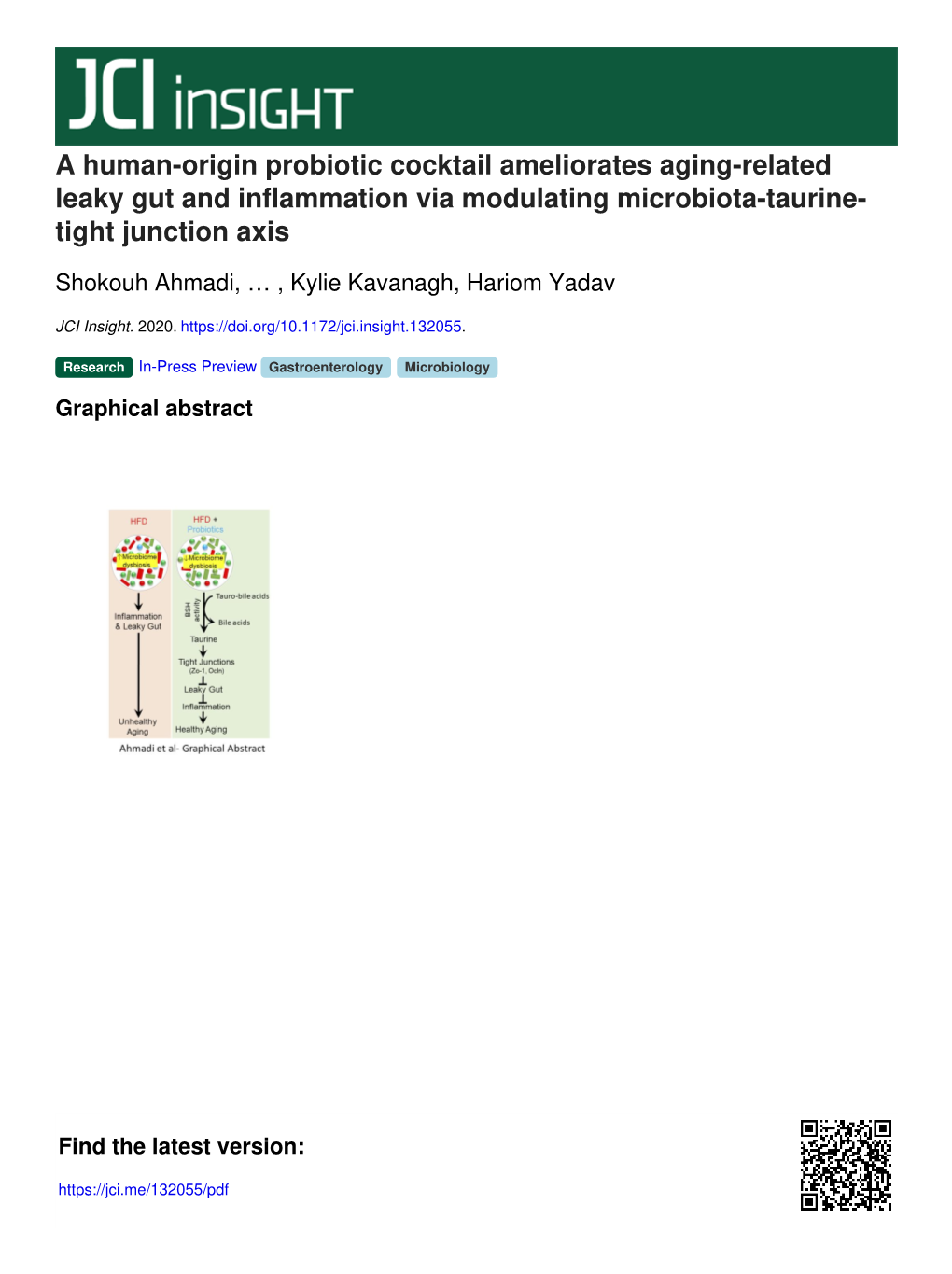 A Human-Origin Probiotic Cocktail Ameliorates Aging-Related Leaky Gut and Inflammation Via Modulating Microbiota-Taurine- Tight Junction Axis