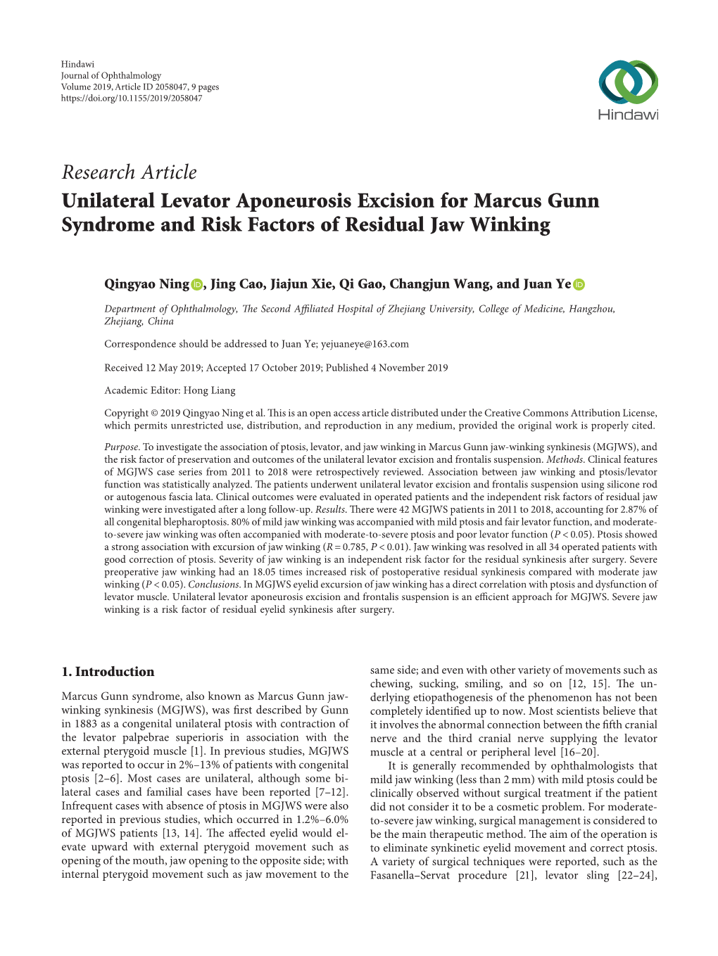 Unilateral Levator Aponeurosis Excision for Marcus Gunn Syndrome and Risk Factors of Residual Jaw Winking