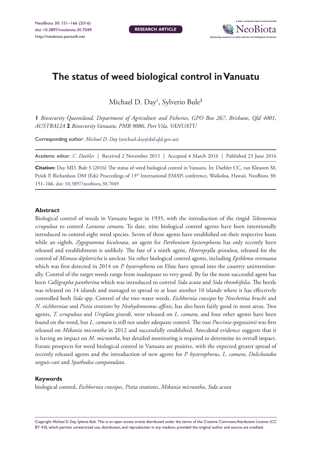 The Status of Weed Biological Control in Vanuatu