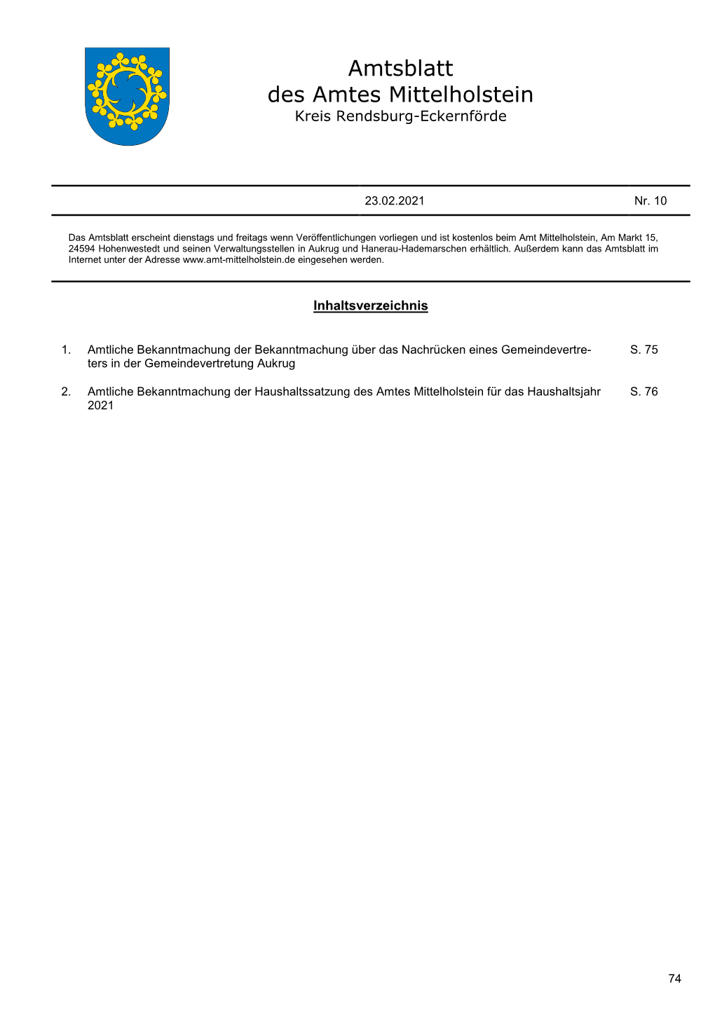 Amtsblatt Des Amtes Mittelholstein Kreis Rendsburg-Eckernförde