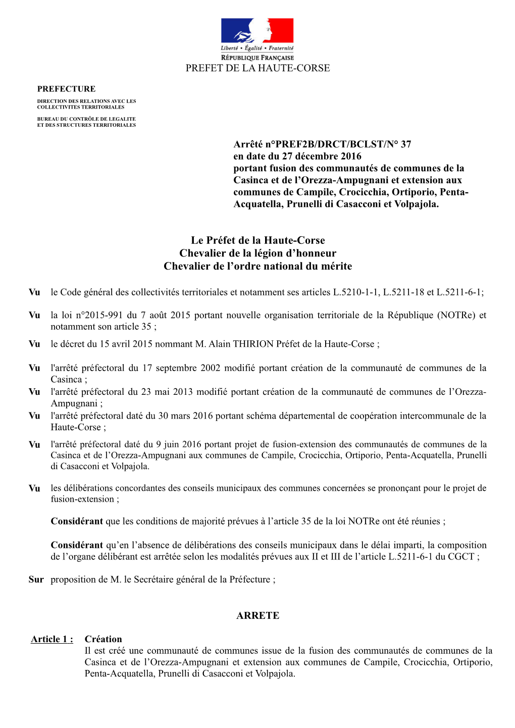 Arrêté PREF2B/DRCT/BCLST/37 Du 27 Décembre 2016